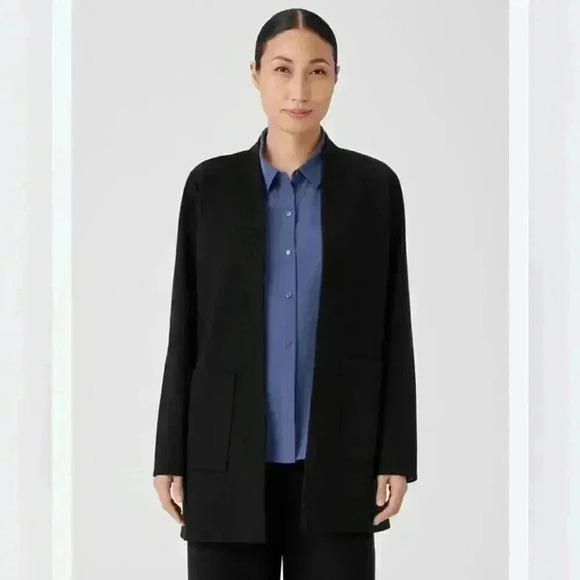 Jackets & Blazers - Eileen Fisher Blazer Jacket Womens Size PM Trim Open Front Ponte Silk Blend